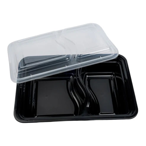 Reusable Container Rectangle PP | 2 Compartments | Black Base